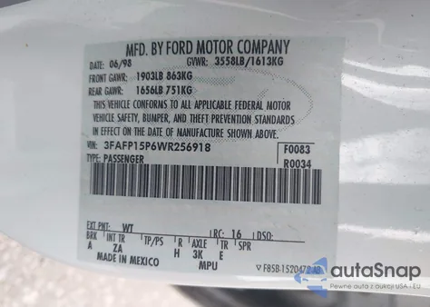 1998 Ford Escort Se z USA, uszkodzony, nr VIN 3FAFP15P6WR256918